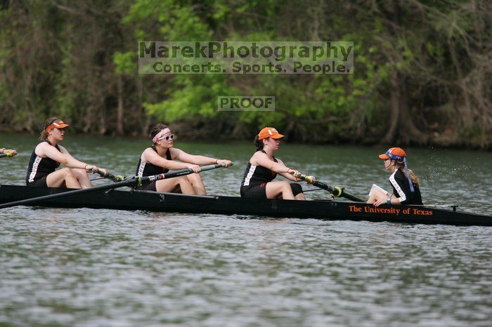 The Texas Rowing first novice eight team finished with a time of 7:51.3, losing to Wisconsin, which completed the race in 7:39.4. This was the third session of the Longhorn Invitational, Saturday afternoon, March 21, 2009 on Lady Bird Lake.

Filename: SRM_20090321_16165266.jpg
Aperture: f/4.0
Shutter Speed: 1/2000
Body: Canon EOS-1D Mark II
Lens: Canon EF 300mm f/2.8 L IS