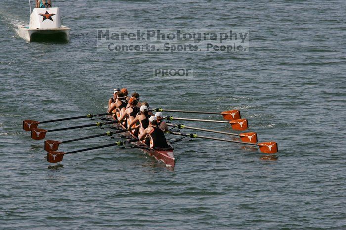 The Texas Rowing first varsity eight team, with coxswain Mary Cait McPherson, stroke Jen VanderMaarel, Felicia Izaguirre-Werner, Meg George, Nancy Arrington, Jelena Zunic, Karli Sheahan, Colleen Irby and Sara Cottingham, finished with a time of 7:09.3, losing to Wisconsin, which completed the race in 7:01.1. This was the third session of the Longhorn Invitational, Saturday afternoon, March 21, 2009 on Lady Bird Lake.

Filename: SRM_20090321_16352200.jpg
Aperture: f/8.0
Shutter Speed: 1/1600
Body: Canon EOS-1D Mark II
Lens: Canon EF 300mm f/2.8 L IS