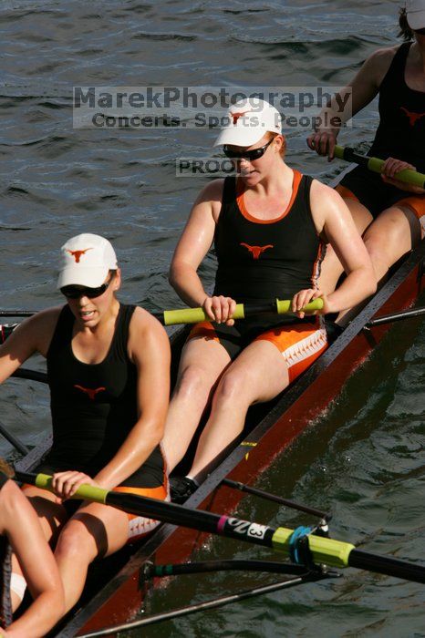 The Texas Rowing first varsity eight team, with coxswain Mary Cait McPherson, stroke Jen VanderMaarel, Felicia Izaguirre-Werner, Meg George, Nancy Arrington, Jelena Zunic, Karli Sheahan, Colleen Irby and Sara Cottingham, finished with a time of 7:09.3, losing to Wisconsin, which completed the race in 7:01.1. This was the third session of the Longhorn Invitational, Saturday afternoon, March 21, 2009 on Lady Bird Lake.

Filename: SRM_20090321_16355333.jpg
Aperture: f/8.0
Shutter Speed: 1/1000
Body: Canon EOS-1D Mark II
Lens: Canon EF 300mm f/2.8 L IS