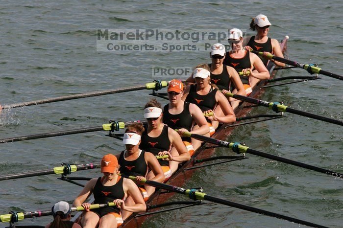 The Texas Rowing first varsity eight team, with coxswain Mary Cait McPherson, stroke Jen VanderMaarel, Felicia Izaguirre-Werner, Meg George, Nancy Arrington, Jelena Zunic, Karli Sheahan, Colleen Irby and Sara Cottingham, finished with a time of 7:09.3, losing to Wisconsin, which completed the race in 7:01.1. This was the third session of the Longhorn Invitational, Saturday afternoon, March 21, 2009 on Lady Bird Lake.

Filename: SRM_20090321_16360037.jpg
Aperture: f/8.0
Shutter Speed: 1/1250
Body: Canon EOS-1D Mark II
Lens: Canon EF 300mm f/2.8 L IS