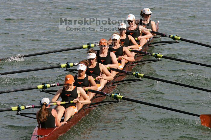 The Texas Rowing first varsity eight team, with coxswain Mary Cait McPherson, stroke Jen VanderMaarel, Felicia Izaguirre-Werner, Meg George, Nancy Arrington, Jelena Zunic, Karli Sheahan, Colleen Irby and Sara Cottingham, finished with a time of 7:09.3, losing to Wisconsin, which completed the race in 7:01.1. This was the third session of the Longhorn Invitational, Saturday afternoon, March 21, 2009 on Lady Bird Lake.

Filename: SRM_20090321_16360139.jpg
Aperture: f/8.0
Shutter Speed: 1/1000
Body: Canon EOS-1D Mark II
Lens: Canon EF 300mm f/2.8 L IS