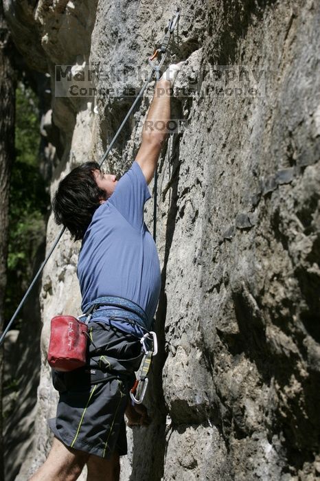 Javier Morales on the dyno while leading Lick the Window (5.10c).  It was another long day of rock climbing at Seismic Wall on Austin's Barton Creek Greenbelt, Sunday, April 5, 2009.

Filename: SRM_20090405_11452773.jpg
Aperture: f/5.6
Shutter Speed: 1/500
Body: Canon EOS-1D Mark II
Lens: Canon EF 80-200mm f/2.8 L