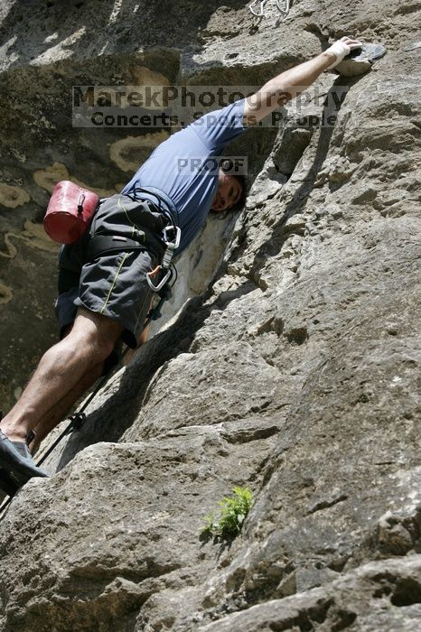 Javier Morales on the dyno while leading Lick the Window (5.10c).  It was another long day of rock climbing at Seismic Wall on Austin's Barton Creek Greenbelt, Sunday, April 5, 2009.

Filename: SRM_20090405_11514190.jpg
Aperture: f/6.3
Shutter Speed: 1/500
Body: Canon EOS-1D Mark II
Lens: Canon EF 80-200mm f/2.8 L