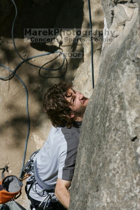 Andrew Dreher attempting the dyno while leading Lick the Window (5.10c), shot from the top of Ack! (5.11b, but using the crack for the start instead) that I top roped up with my camera on my back.  It was another long day of rock climbing at Seismic Wall on Austin's Barton Creek Greenbelt, Sunday, April 5, 2009.

Filename: SRM_20090405_13162914.jpg
Aperture: f/10.0
Shutter Speed: 1/500
Body: Canon EOS-1D Mark II
Lens: Canon EF 80-200mm f/2.8 L