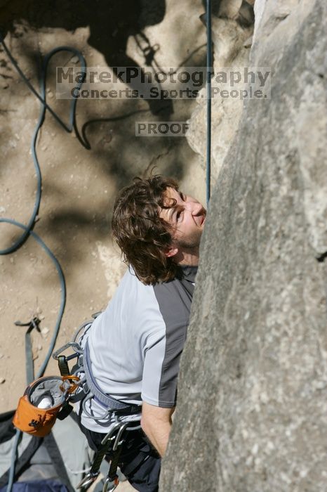 Andrew Dreher attempting the dyno while leading Lick the Window (5.10c), shot from the top of Ack! (5.11b, but using the crack for the start instead) that I top roped up with my camera on my back.  It was another long day of rock climbing at Seismic Wall on Austin's Barton Creek Greenbelt, Sunday, April 5, 2009.

Filename: SRM_20090405_13170720.jpg
Aperture: f/9.0
Shutter Speed: 1/500
Body: Canon EOS-1D Mark II
Lens: Canon EF 80-200mm f/2.8 L