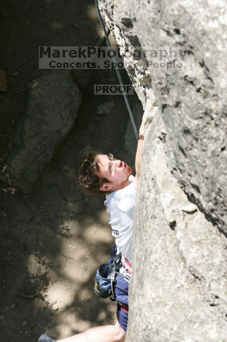 Me on the dyno while top roping Lick the Window (5.10c), shot (by Andrew Dreher) from the top of Ack! (5.11b, but using the crack for the start instead) that I top roped up with my camera on my back.  It was another long day of rock climbing at Seismic Wall on Austin's Barton Creek Greenbelt, Sunday, April 5, 2009.

Filename: SRM_20090405_14391536.jpg
Aperture: f/7.1
Shutter Speed: 1/500
Body: Canon EOS-1D Mark II
Lens: Canon EF 80-200mm f/2.8 L