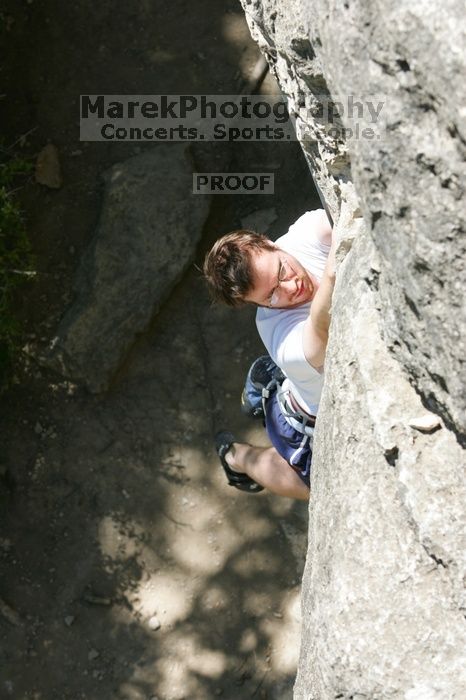 Me on the dyno while top roping Lick the Window (5.10c), shot (by Andrew Dreher) from the top of Ack! (5.11b, but using the crack for the start instead) that I top roped up with my camera on my back.  It was another long day of rock climbing at Seismic Wall on Austin's Barton Creek Greenbelt, Sunday, April 5, 2009.

Filename: SRM_20090405_14391640.jpg
Aperture: f/7.1
Shutter Speed: 1/500
Body: Canon EOS-1D Mark II
Lens: Canon EF 80-200mm f/2.8 L