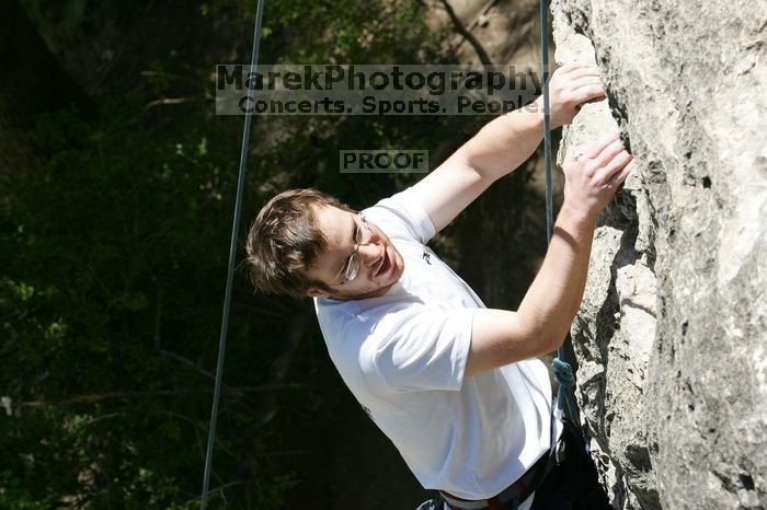 Me top roping Lick the Window (5.10c), shot (by Andrew Dreher) from the top of Ack! (5.11b, but using the crack for the start instead) that I top roped up with my camera on my back.  It was another long day of rock climbing at Seismic Wall on Austin's Barton Creek Greenbelt, Sunday, April 5, 2009.

Filename: SRM_20090405_14401452.jpg
Aperture: f/8.0
Shutter Speed: 1/500
Body: Canon EOS-1D Mark II
Lens: Canon EF 80-200mm f/2.8 L