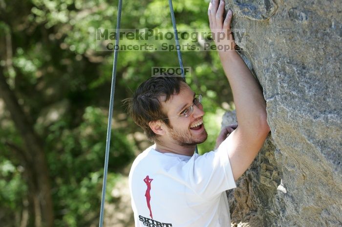 Me top roping Lick the Window (5.10c), shot (by Andrew Dreher) from the top of Ack! (5.11b, but using the crack for the start instead) that I top roped up with my camera on my back.  It was another long day of rock climbing at Seismic Wall on Austin's Barton Creek Greenbelt, Sunday, April 5, 2009.

Filename: SRM_20090405_14415564.jpg
Aperture: f/5.0
Shutter Speed: 1/500
Body: Canon EOS-1D Mark II
Lens: Canon EF 80-200mm f/2.8 L