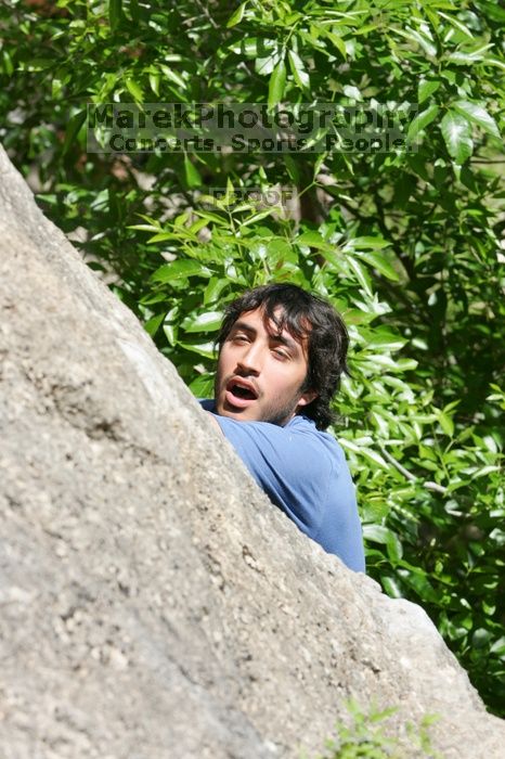 Javier Morales leading Nose Print on the Windshield (5.11c), shot from the top of Ack! (5.11b, but using the crack for the start instead) that I top roped up with my camera on my back.  It was another long day of rock climbing at Seismic Wall on Austin's Barton Creek Greenbelt, Sunday, April 5, 2009.

Filename: SRM_20090405_14550280.jpg
Aperture: f/9.0
Shutter Speed: 1/500
Body: Canon EOS-1D Mark II
Lens: Canon EF 80-200mm f/2.8 L