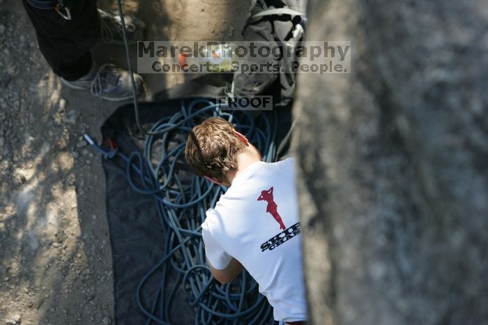 Me top roping Lick the Window (5.10c), shot by Javier Morales from the top of Ack! (5.11b, but using the crack for the start instead) that I top roped up with my camera on my back.  It was another long day of rock climbing at Seismic Wall on Austin's Barton Creek Greenbelt, Sunday, April 5, 2009.

Filename: SRM_20090405_17143982.jpg
Aperture: f/3.5
Shutter Speed: 1/400
Body: Canon EOS-1D Mark II
Lens: Canon EF 80-200mm f/2.8 L