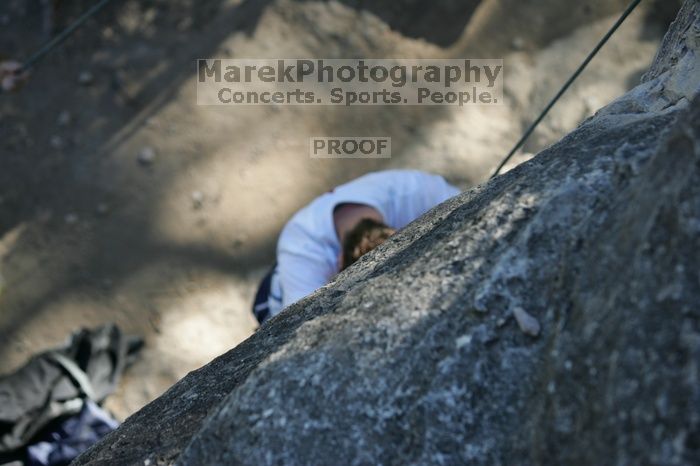 Me top roping Lick the Window (5.10c), shot by Javier Morales from the top of Ack! (5.11b, but using the crack for the start instead) that I top roped up with my camera on my back.  It was another long day of rock climbing at Seismic Wall on Austin's Barton Creek Greenbelt, Sunday, April 5, 2009.

Filename: SRM_20090405_17180398.jpg
Aperture: f/3.5
Shutter Speed: 1/400
Body: Canon EOS-1D Mark II
Lens: Canon EF 80-200mm f/2.8 L