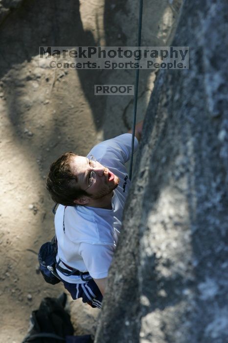 Me top roping Lick the Window (5.10c), shot by Javier Morales from the top of Ack! (5.11b, but using the crack for the start instead) that I top roped up with my camera on my back.  It was another long day of rock climbing at Seismic Wall on Austin's Barton Creek Greenbelt, Sunday, April 5, 2009.

Filename: SRM_20090405_17240916.jpg
Aperture: f/5.6
Shutter Speed: 1/320
Body: Canon EOS-1D Mark II
Lens: Canon EF 80-200mm f/2.8 L