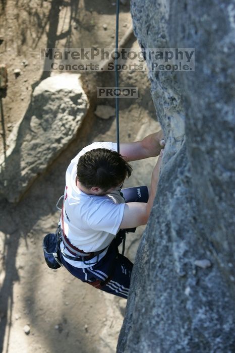 Me top roping Lick the Window (5.10c), shot by Javier Morales from the top of Ack! (5.11b, but using the crack for the start instead) that I top roped up with my camera on my back.  It was another long day of rock climbing at Seismic Wall on Austin's Barton Creek Greenbelt, Sunday, April 5, 2009.

Filename: SRM_20090405_17261145.jpg
Aperture: f/4.5
Shutter Speed: 1/320
Body: Canon EOS-1D Mark II
Lens: Canon EF 80-200mm f/2.8 L