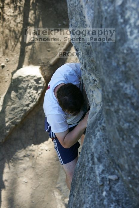 Me top roping Lick the Window (5.10c), shot by Javier Morales from the top of Ack! (5.11b, but using the crack for the start instead) that I top roped up with my camera on my back.  It was another long day of rock climbing at Seismic Wall on Austin's Barton Creek Greenbelt, Sunday, April 5, 2009.

Filename: SRM_20090405_17261249.jpg
Aperture: f/4.5
Shutter Speed: 1/320
Body: Canon EOS-1D Mark II
Lens: Canon EF 80-200mm f/2.8 L