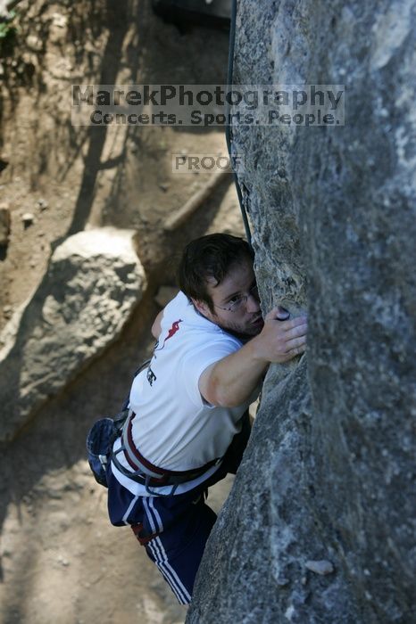 Me top roping Lick the Window (5.10c), shot by Javier Morales from the top of Ack! (5.11b, but using the crack for the start instead) that I top roped up with my camera on my back.  It was another long day of rock climbing at Seismic Wall on Austin's Barton Creek Greenbelt, Sunday, April 5, 2009.

Filename: SRM_20090405_17263273.jpg
Aperture: f/5.0
Shutter Speed: 1/320
Body: Canon EOS-1D Mark II
Lens: Canon EF 80-200mm f/2.8 L