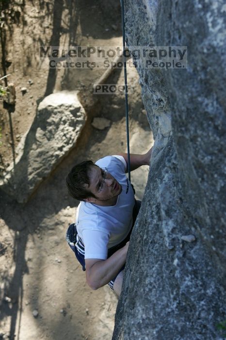 Me top roping Lick the Window (5.10c), shot by Javier Morales from the top of Ack! (5.11b, but using the crack for the start instead) that I top roped up with my camera on my back.  It was another long day of rock climbing at Seismic Wall on Austin's Barton Creek Greenbelt, Sunday, April 5, 2009.

Filename: SRM_20090405_17264878.jpg
Aperture: f/5.0
Shutter Speed: 1/320
Body: Canon EOS-1D Mark II
Lens: Canon EF 80-200mm f/2.8 L