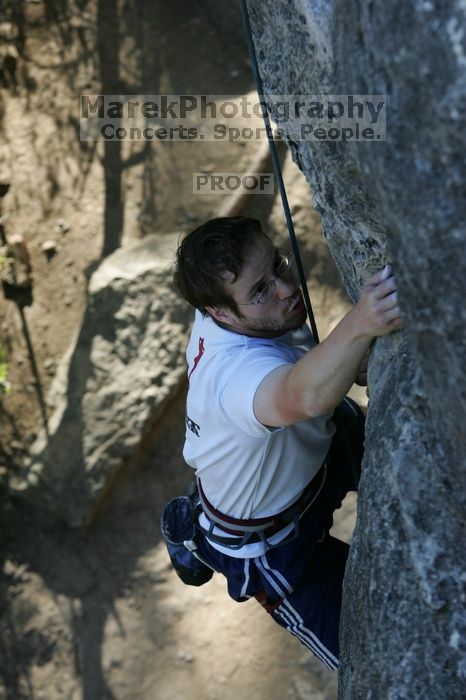 Me top roping Lick the Window (5.10c), shot by Javier Morales from the top of Ack! (5.11b, but using the crack for the start instead) that I top roped up with my camera on my back.  It was another long day of rock climbing at Seismic Wall on Austin's Barton Creek Greenbelt, Sunday, April 5, 2009.

Filename: SRM_20090405_17275091.jpg
Aperture: f/5.0
Shutter Speed: 1/320
Body: Canon EOS-1D Mark II
Lens: Canon EF 80-200mm f/2.8 L