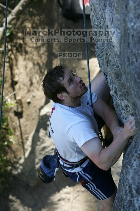 Me top roping Lick the Window (5.10c), shot by Javier Morales from the top of Ack! (5.11b, but using the crack for the start instead) that I top roped up with my camera on my back.  It was another long day of rock climbing at Seismic Wall on Austin's Barton Creek Greenbelt, Sunday, April 5, 2009.

Filename: SRM_20090405_17275603.jpg
Aperture: f/5.0
Shutter Speed: 1/320
Body: Canon EOS-1D Mark II
Lens: Canon EF 80-200mm f/2.8 L