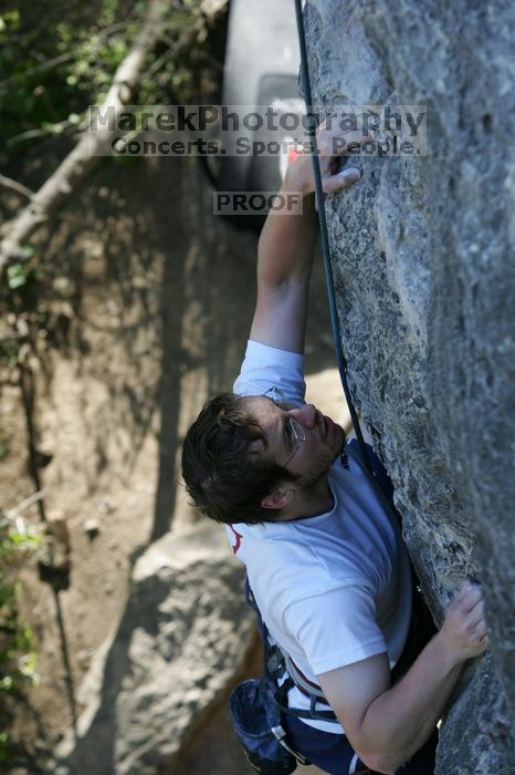 Me top roping Lick the Window (5.10c), shot by Javier Morales from the top of Ack! (5.11b, but using the crack for the start instead) that I top roped up with my camera on my back.  It was another long day of rock climbing at Seismic Wall on Austin's Barton Creek Greenbelt, Sunday, April 5, 2009.

Filename: SRM_20090405_17275707.jpg
Aperture: f/4.5
Shutter Speed: 1/320
Body: Canon EOS-1D Mark II
Lens: Canon EF 80-200mm f/2.8 L