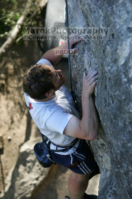 Me top roping Lick the Window (5.10c), shot by Javier Morales from the top of Ack! (5.11b, but using the crack for the start instead) that I top roped up with my camera on my back.  It was another long day of rock climbing at Seismic Wall on Austin's Barton Creek Greenbelt, Sunday, April 5, 2009.

Filename: SRM_20090405_17275810.jpg
Aperture: f/4.5
Shutter Speed: 1/320
Body: Canon EOS-1D Mark II
Lens: Canon EF 80-200mm f/2.8 L