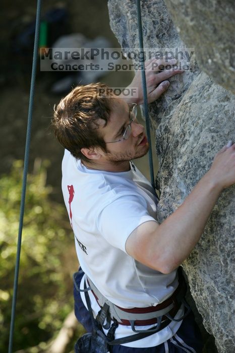 Me top roping Lick the Window (5.10c), shot by Javier Morales from the top of Ack! (5.11b, but using the crack for the start instead) that I top roped up with my camera on my back.  It was another long day of rock climbing at Seismic Wall on Austin's Barton Creek Greenbelt, Sunday, April 5, 2009.

Filename: SRM_20090405_17282625.jpg
Aperture: f/4.5
Shutter Speed: 1/320
Body: Canon EOS-1D Mark II
Lens: Canon EF 80-200mm f/2.8 L