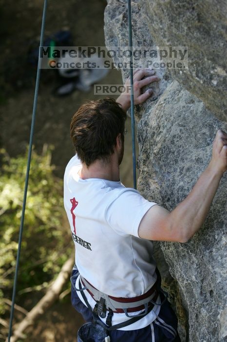 Me top roping Lick the Window (5.10c), shot by Javier Morales from the top of Ack! (5.11b, but using the crack for the start instead) that I top roped up with my camera on my back.  It was another long day of rock climbing at Seismic Wall on Austin's Barton Creek Greenbelt, Sunday, April 5, 2009.

Filename: SRM_20090405_17282827.jpg
Aperture: f/4.5
Shutter Speed: 1/320
Body: Canon EOS-1D Mark II
Lens: Canon EF 80-200mm f/2.8 L