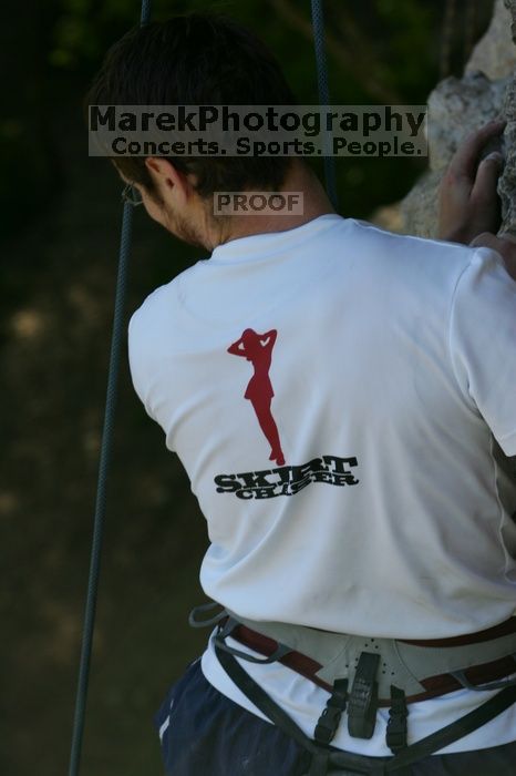 Me top roping Lick the Window (5.10c), shot by Javier Morales from the top of Ack! (5.11b, but using the crack for the start instead) that I top roped up with my camera on my back.  It was another long day of rock climbing at Seismic Wall on Austin's Barton Creek Greenbelt, Sunday, April 5, 2009.

Filename: SRM_20090405_17291253.jpg
Aperture: f/7.1
Shutter Speed: 1/320
Body: Canon EOS-1D Mark II
Lens: Canon EF 80-200mm f/2.8 L