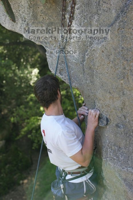 Me top roping Lick the Window (5.10c), shot by Javier Morales from the top of Ack! (5.11b, but using the crack for the start instead) that I top roped up with my camera on my back.  It was another long day of rock climbing at Seismic Wall on Austin's Barton Creek Greenbelt, Sunday, April 5, 2009.

Filename: SRM_20090405_17295375.jpg
Aperture: f/4.5
Shutter Speed: 1/320
Body: Canon EOS-1D Mark II
Lens: Canon EF 80-200mm f/2.8 L