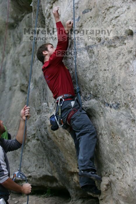 Me top rope climbing Angel of Poets (5.10a), taken by Andrew Dreher.  It was another long day of rock climbing at Seismic Wall on Austin's Barton Creek Greenbelt, Saturday, April 11, 2009.

Filename: SRM_20090411_13031321.JPG
Aperture: f/3.2
Shutter Speed: 1/250
Body: Canon EOS-1D Mark II
Lens: Canon EF 80-200mm f/2.8 L