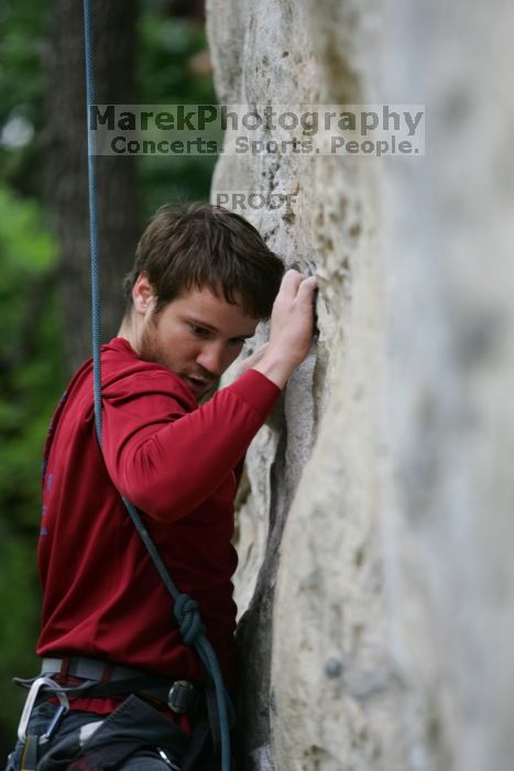 Me top rope climbing Angel of Poets (5.10a), taken by Andrew Dreher.  It was another long day of rock climbing at Seismic Wall on Austin's Barton Creek Greenbelt, Saturday, April 11, 2009.

Filename: SRM_20090411_13051525.JPG
Aperture: f/3.5
Shutter Speed: 1/200
Body: Canon EOS-1D Mark II
Lens: Canon EF 80-200mm f/2.8 L