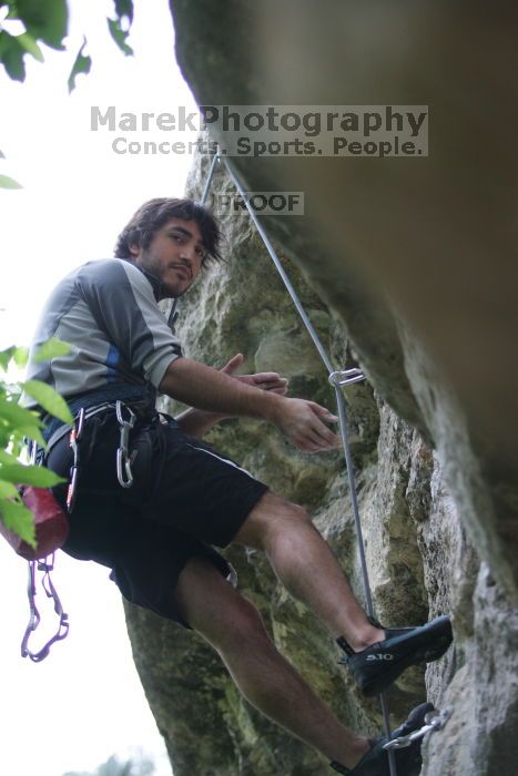 Javier Morales lead climbing Nose Print on the Windshield (5.11c).  It was another long day of rock climbing at Seismic Wall on Austin's Barton Creek Greenbelt, Saturday, April 11, 2009.

Filename: SRM_20090411_13262754.JPG
Aperture: f/2.8
Shutter Speed: 1/500
Body: Canon EOS-1D Mark II
Lens: Canon EF 80-200mm f/2.8 L