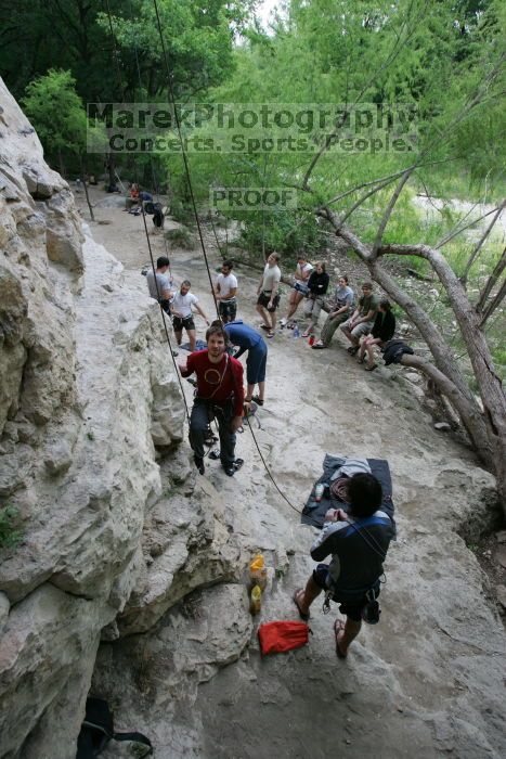 Me getting ready to climb Magster (5.10a) with Javier Morales belaying.  It was another long day of rock climbing at Seismic Wall on Austin's Barton Creek Greenbelt, Saturday, April 11, 2009.

Filename: SRM_20090411_15490713.JPG
Aperture: f/5.6
Shutter Speed: 1/200
Body: Canon EOS-1D Mark II
Lens: Canon EF 16-35mm f/2.8 L