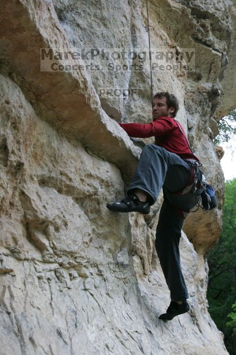 Me top rope climbing Magster (5.10a), shot by Andrew Dreher.  It was another long day of rock climbing at Seismic Wall on Austin's Barton Creek Greenbelt, Saturday, April 11, 2009.

Filename: SRM_20090411_15533118.JPG
Aperture: f/5.0
Shutter Speed: 1/200
Body: Canon EOS-1D Mark II
Lens: Canon EF 16-35mm f/2.8 L