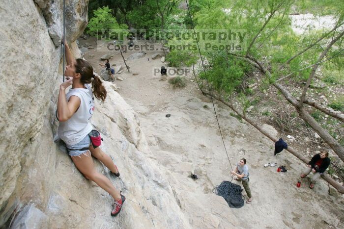 Charlotte Sanders top rope climbing Diving for Rocks (5.10d), photographed from  the third bolt of Magster (5.10a).  It was another long day of rock climbing at Seismic Wall on Austin's Barton Creek Greenbelt, Saturday, April 11, 2009.

Filename: SRM_20090411_16340450.JPG
Aperture: f/5.6
Shutter Speed: 1/320
Body: Canon EOS-1D Mark II
Lens: Canon EF 16-35mm f/2.8 L