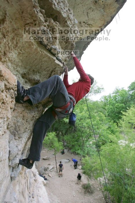 Me top rope climbing Diving for Rocks (5.10d), photographed from  the third bolt of Magster (5.10a) by Andrew Dreher.  It was another long day of rock climbing at Seismic Wall on Austin's Barton Creek Greenbelt, Saturday, April 11, 2009.

Filename: SRM_20090411_17170366.JPG
Aperture: f/5.6
Shutter Speed: 1/320
Body: Canon EOS-1D Mark II
Lens: Canon EF 16-35mm f/2.8 L