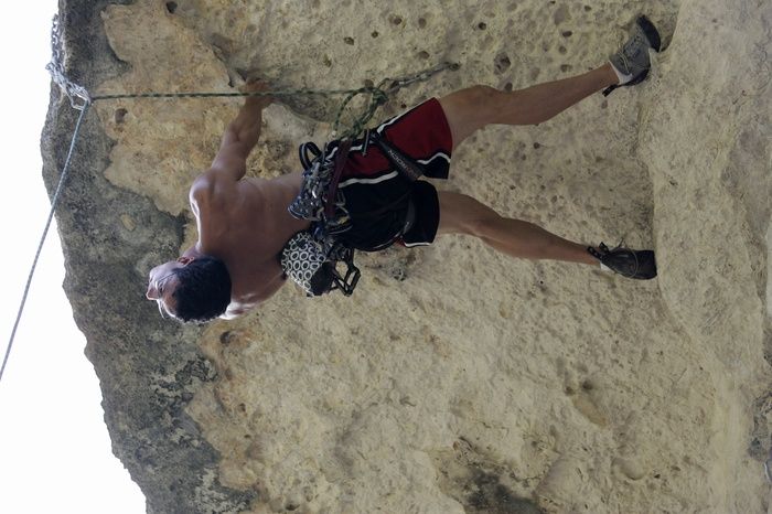 Chris Bottaro on Lonsome Dove (5.12), the roof over Diving for Rocks (5.10d).  It was another long day of rock climbing at Seismic Wall on Austin's Barton Creek Greenbelt, Sunday, June 090607, 2009.

Filename: SRM_20090607_17465662.jpg
Aperture: f/4.0
Shutter Speed: 1/400
Body: Canon EOS-1D Mark II
Lens: Canon EF 80-200mm f/2.8 L