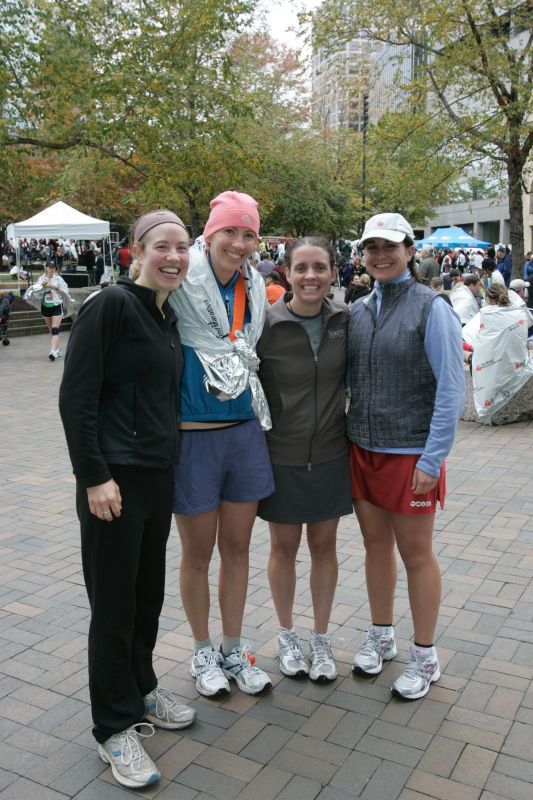 Janet Aardema, Kelly Saalwachter, Beth Marek, and Katie Lannon after running in the Richmond SunTrust Marathon and McDonald's Half Marathon, on Saturday, November 14, 2009.

Filename: SRM_20091114_12371995.JPG
Aperture: f/5.6
Shutter Speed: 1/160
Body: Canon EOS-1D Mark II
Lens: Canon EF 16-35mm f/2.8 L