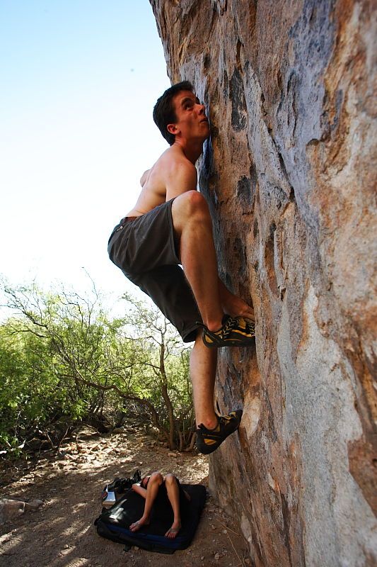 Raanan Robertson rock climbing in Hueco Tanks State Park and Historic Site during the Hueco Tanks Awesome Fest 2010 trip, Friday, May 21, 2010.

Filename: SRM_20100521_19251710.JPG
Aperture: f/8.0
Shutter Speed: 1/160
Body: Canon EOS-1D Mark II
Lens: Canon EF 16-35mm f/2.8 L