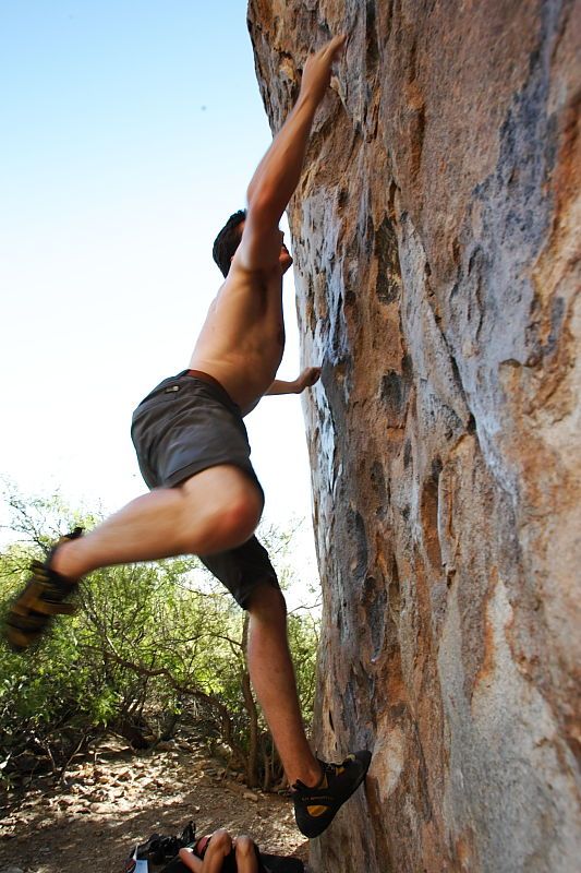 Raanan Robertson rock climbing in Hueco Tanks State Park and Historic Site during the Hueco Tanks Awesome Fest 2010 trip, Friday, May 21, 2010.

Filename: SRM_20100521_19251811.JPG
Aperture: f/8.0
Shutter Speed: 1/160
Body: Canon EOS-1D Mark II
Lens: Canon EF 16-35mm f/2.8 L