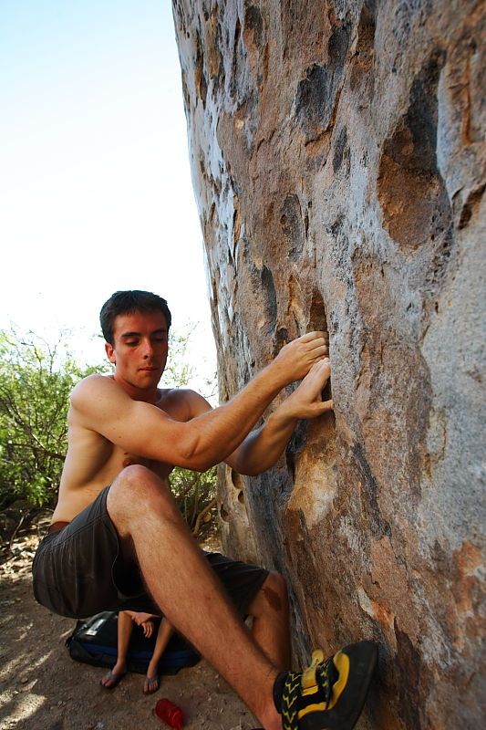 Raanan Robertson rock climbing in Hueco Tanks State Park and Historic Site during the Hueco Tanks Awesome Fest 2010 trip, Friday, May 21, 2010.

Filename: SRM_20100521_19283615.JPG
Aperture: f/5.6
Shutter Speed: 1/250
Body: Canon EOS-1D Mark II
Lens: Canon EF 16-35mm f/2.8 L