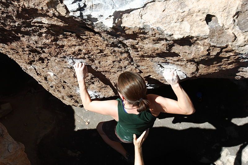 Beth Marek rock climbing in Hueco Tanks State Park and Historic Site during the Hueco Tanks Awesome Fest 2010 trip, Saturday, May 22, 2010.

Filename: SRM_20100522_10424510.JPG
Aperture: f/5.6
Shutter Speed: 1/400
Body: Canon EOS-1D Mark II
Lens: Canon EF 16-35mm f/2.8 L