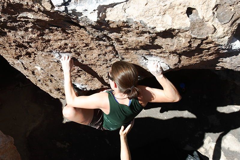 Beth Marek rock climbing in Hueco Tanks State Park and Historic Site during the Hueco Tanks Awesome Fest 2010 trip, Saturday, May 22, 2010.

Filename: SRM_20100522_10424711.JPG
Aperture: f/5.6
Shutter Speed: 1/320
Body: Canon EOS-1D Mark II
Lens: Canon EF 16-35mm f/2.8 L