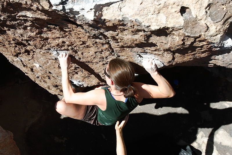 Beth Marek rock climbing in Hueco Tanks State Park and Historic Site during the Hueco Tanks Awesome Fest 2010 trip, Saturday, May 22, 2010.

Filename: SRM_20100522_10424712.JPG
Aperture: f/5.6
Shutter Speed: 1/320
Body: Canon EOS-1D Mark II
Lens: Canon EF 16-35mm f/2.8 L