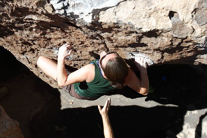 Beth Marek rock climbing in Hueco Tanks State Park and Historic Site during the Hueco Tanks Awesome Fest 2010 trip, Saturday, May 22, 2010.

Filename: SRM_20100522_10424815.JPG
Aperture: f/5.6
Shutter Speed: 1/320
Body: Canon EOS-1D Mark II
Lens: Canon EF 16-35mm f/2.8 L