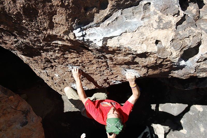 Steve Marek rock climbing in Hueco Tanks State Park and Historic Site during the Hueco Tanks Awesome Fest 2010 trip, Saturday, May 22, 2010.

Filename: SRM_20100522_10471844.JPG
Aperture: f/5.0
Shutter Speed: 1/500
Body: Canon EOS-1D Mark II
Lens: Canon EF 16-35mm f/2.8 L