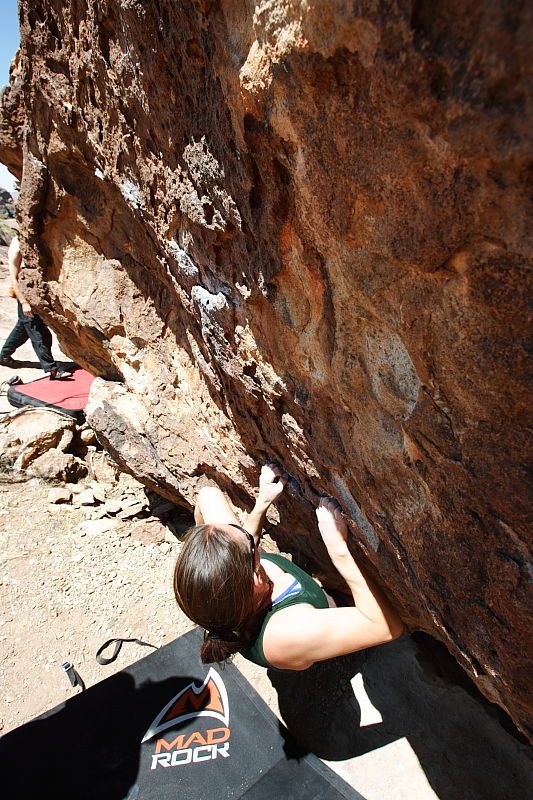 Beth Marek rock climbing in Hueco Tanks State Park and Historic Site during the Hueco Tanks Awesome Fest 2010 trip, Saturday, May 22, 2010.

Filename: SRM_20100522_12220208.JPG
Aperture: f/8.0
Shutter Speed: 1/400
Body: Canon EOS-1D Mark II
Lens: Canon EF 16-35mm f/2.8 L