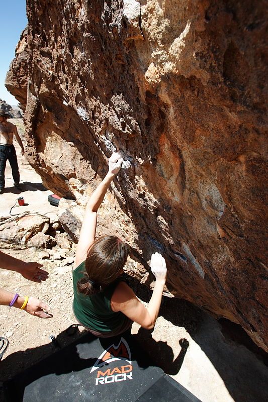 Beth Marek rock climbing in Hueco Tanks State Park and Historic Site during the Hueco Tanks Awesome Fest 2010 trip, Saturday, May 22, 2010.

Filename: SRM_20100522_12233921.JPG
Aperture: f/8.0
Shutter Speed: 1/400
Body: Canon EOS-1D Mark II
Lens: Canon EF 16-35mm f/2.8 L