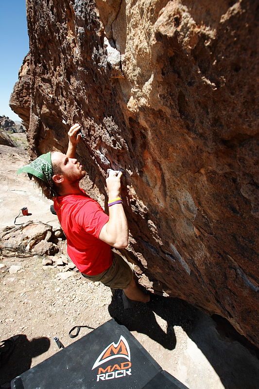 Steve Marek rock climbing in Hueco Tanks State Park and Historic Site during the Hueco Tanks Awesome Fest 2010 trip, Saturday, May 22, 2010.

Filename: SRM_20100522_12240533.JPG
Aperture: f/8.0
Shutter Speed: 1/500
Body: Canon EOS-1D Mark II
Lens: Canon EF 16-35mm f/2.8 L