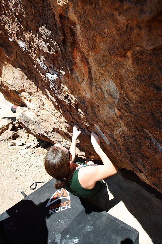 Beth Marek rock climbing in Hueco Tanks State Park and Historic Site during the Hueco Tanks Awesome Fest 2010 trip, Saturday, May 22, 2010.

Filename: SRM_20100522_12252240.JPG
Aperture: f/8.0
Shutter Speed: 1/320
Body: Canon EOS-1D Mark II
Lens: Canon EF 16-35mm f/2.8 L